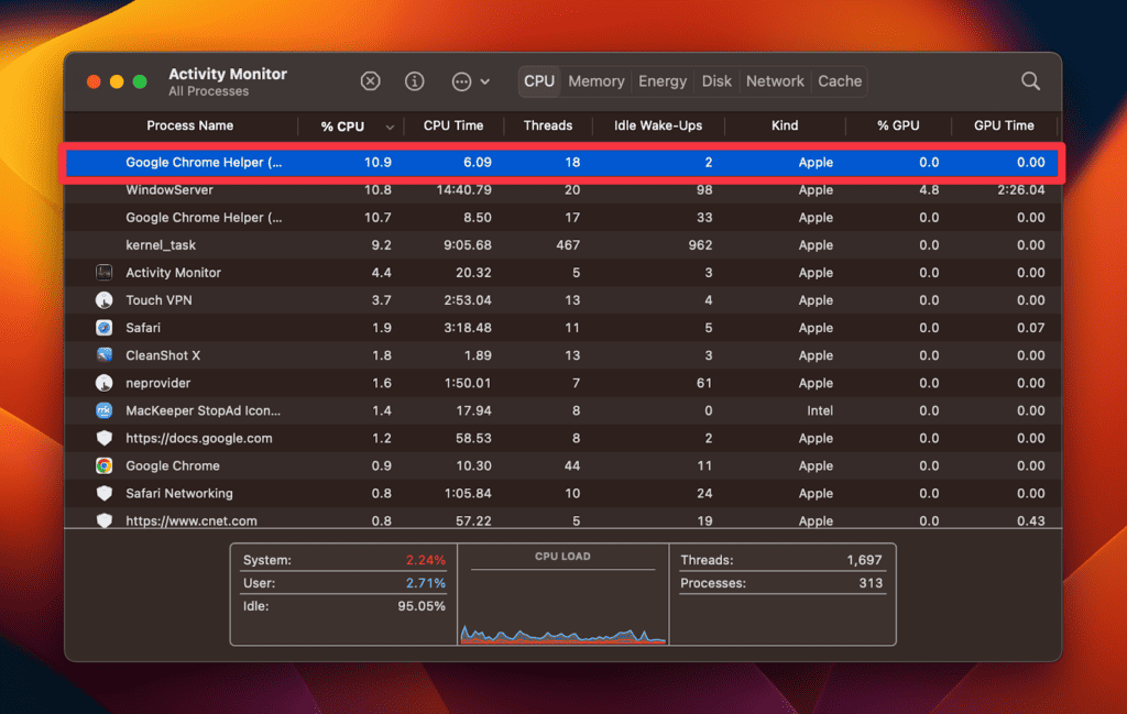 Activity Monitor CPU usage list