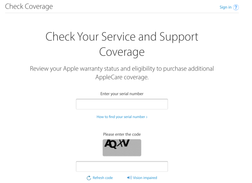 Apple Check Coverage page