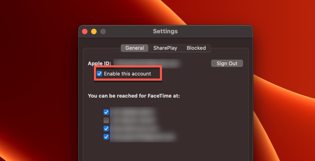 check mark Enable This Account in Facetime App