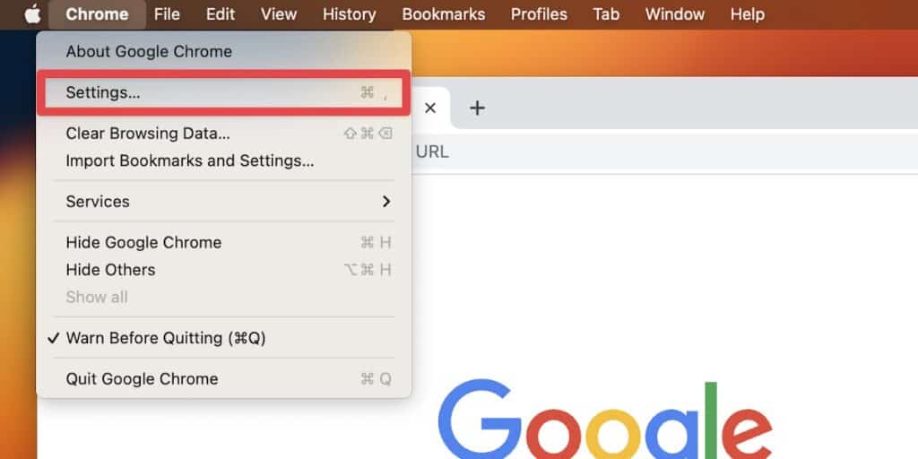 Click Chrome in the menu bar and select Settings in the drop-down menu.