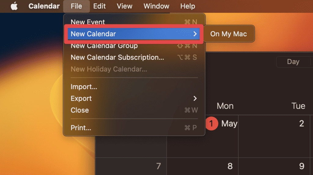 Click File and select New Calendar from the dropdown menu.