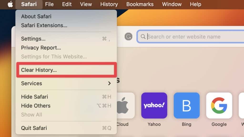 Click Safari in the menu bar next to the Apple icon and select Clear History.