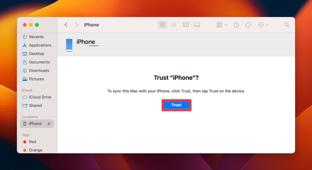 Click Trust to allow sharing between the two devices