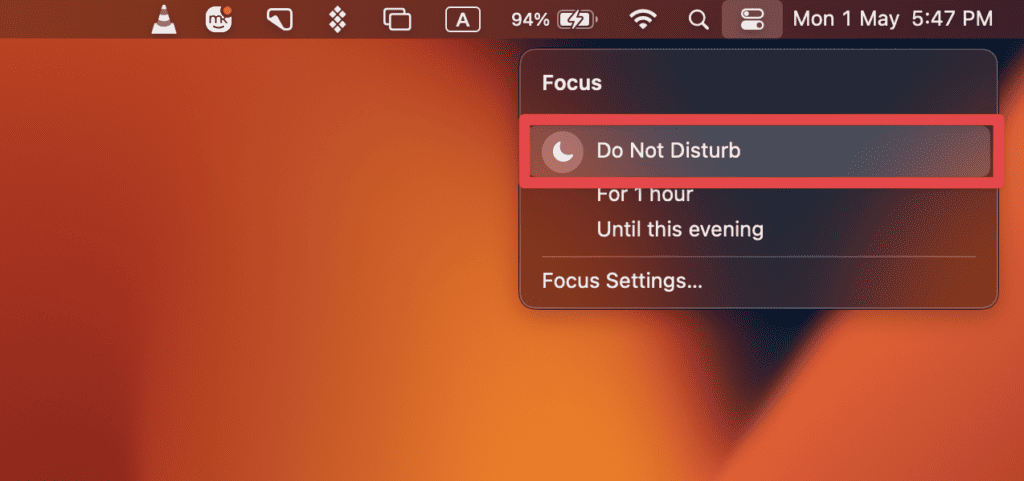 Click the Do Not Disturb button to toggle the feature on or off.