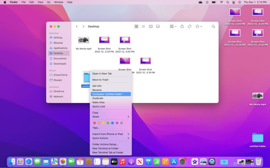 Select Compress "untitled folder" from drop down menu on mac