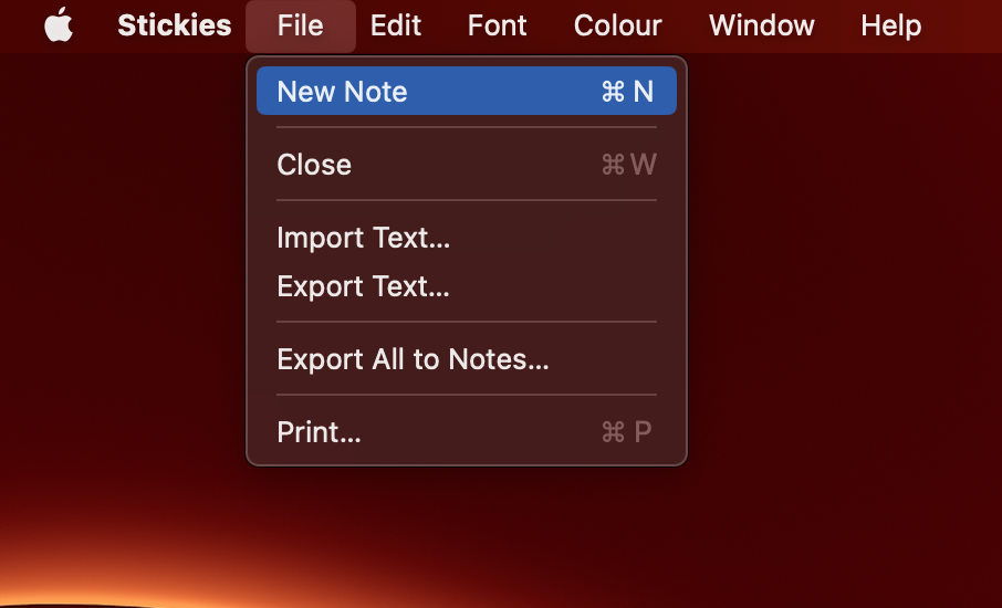 file drop down menu to Create a New Note in mac stickies