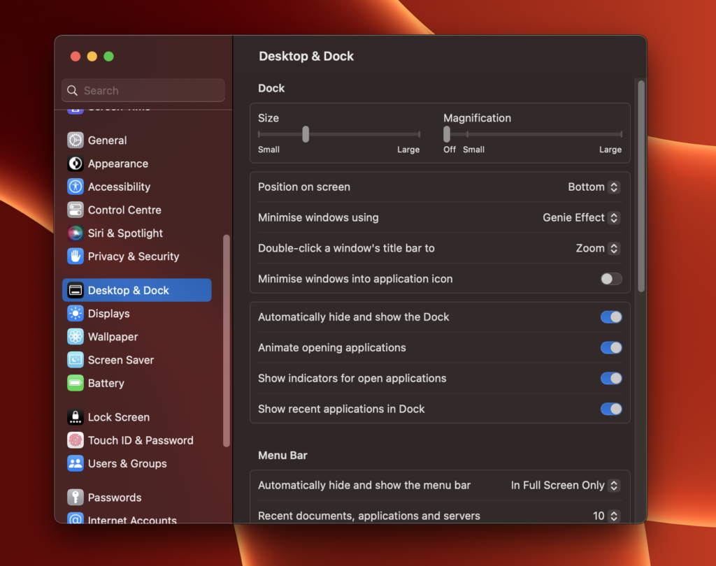 desktop and dock setting in mac