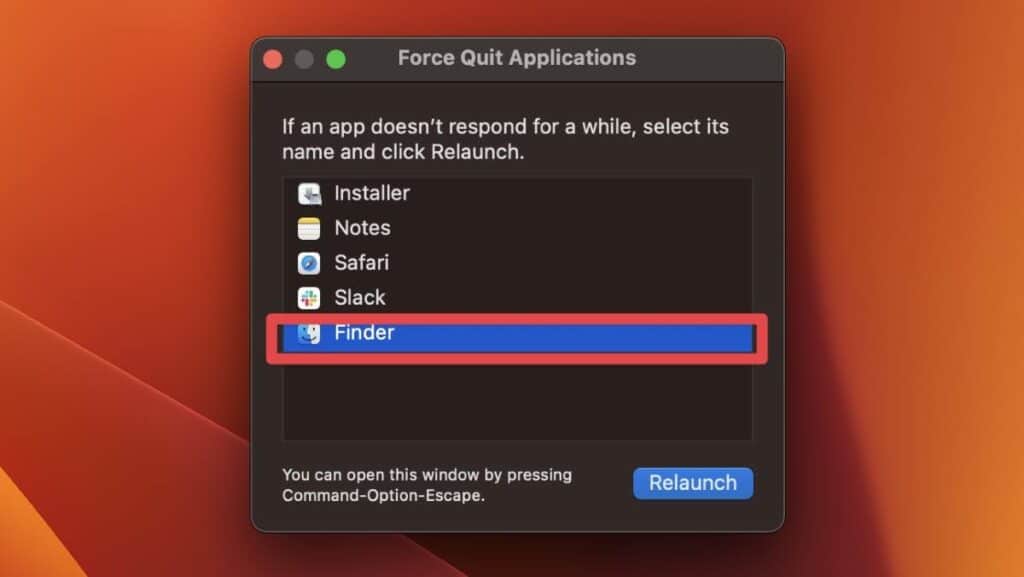 Finder on force quit window