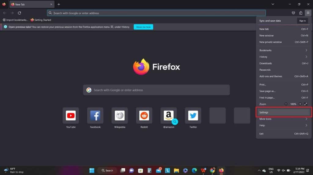 Firefox settings