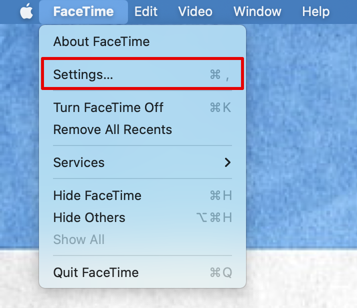 Go to the FaceTime menu on the menu bar and choose Settings
