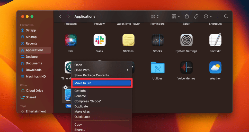 Move to Bin to delete the Xcode app