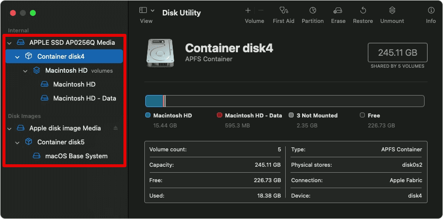 Now, select each disk or container from the list on the left menu options.
