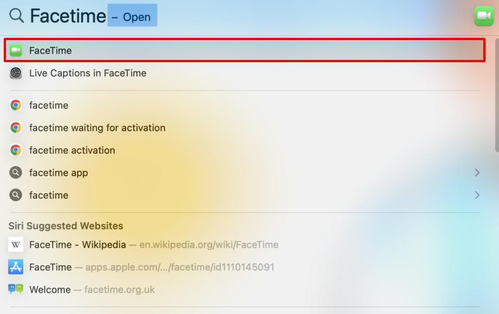 Searching FaceTime app in Search Bar