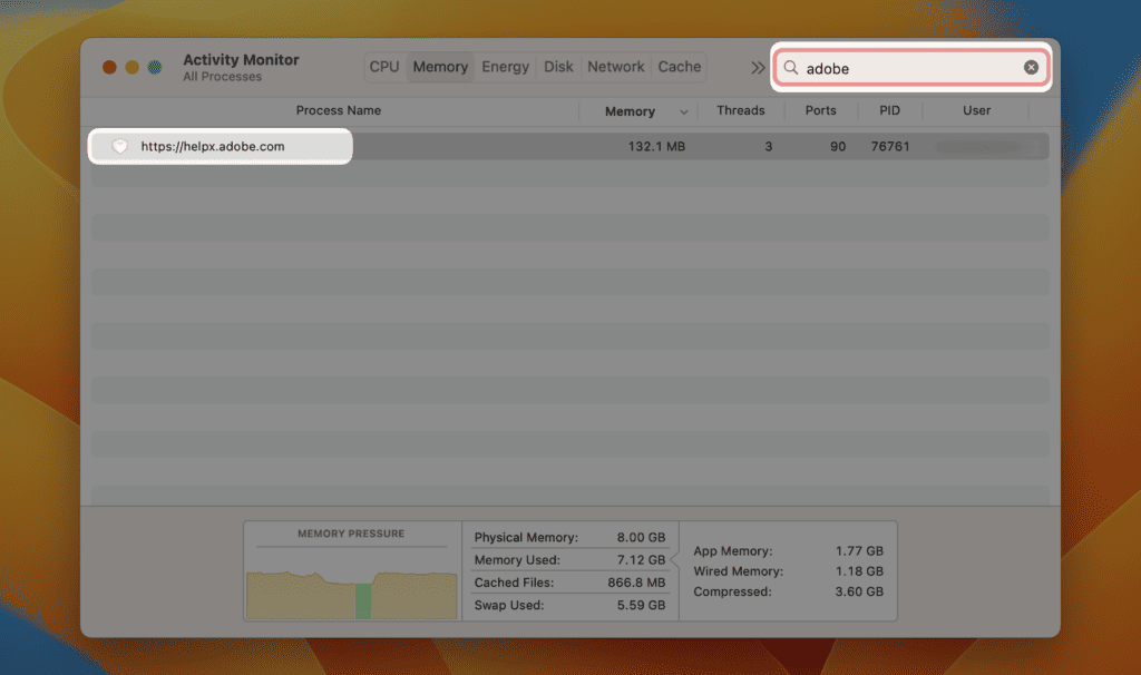 Search Adobe in Activity Activity Monitor