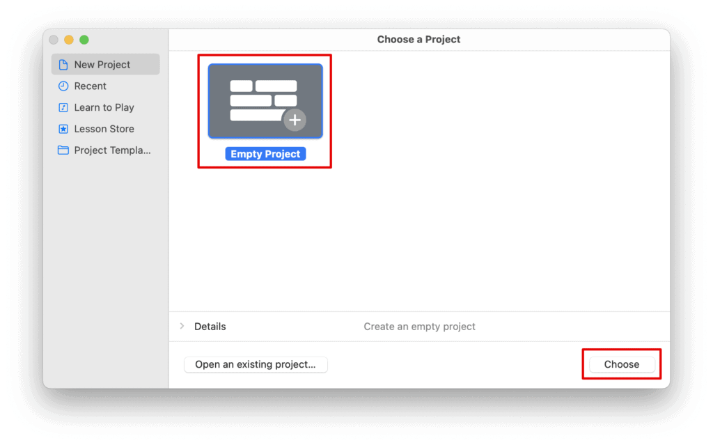 Tap on Empty Project to create a new project and select Choose