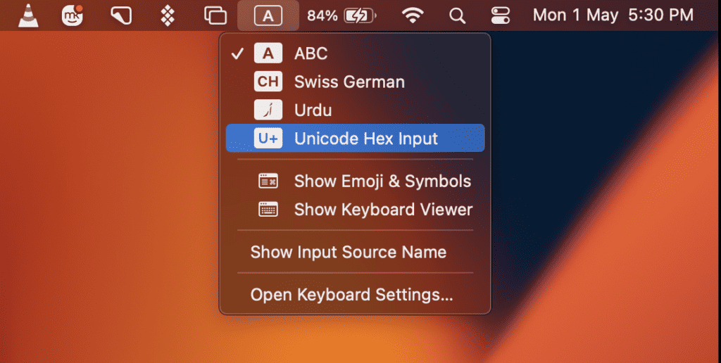 Select Unicode Hex Input.
