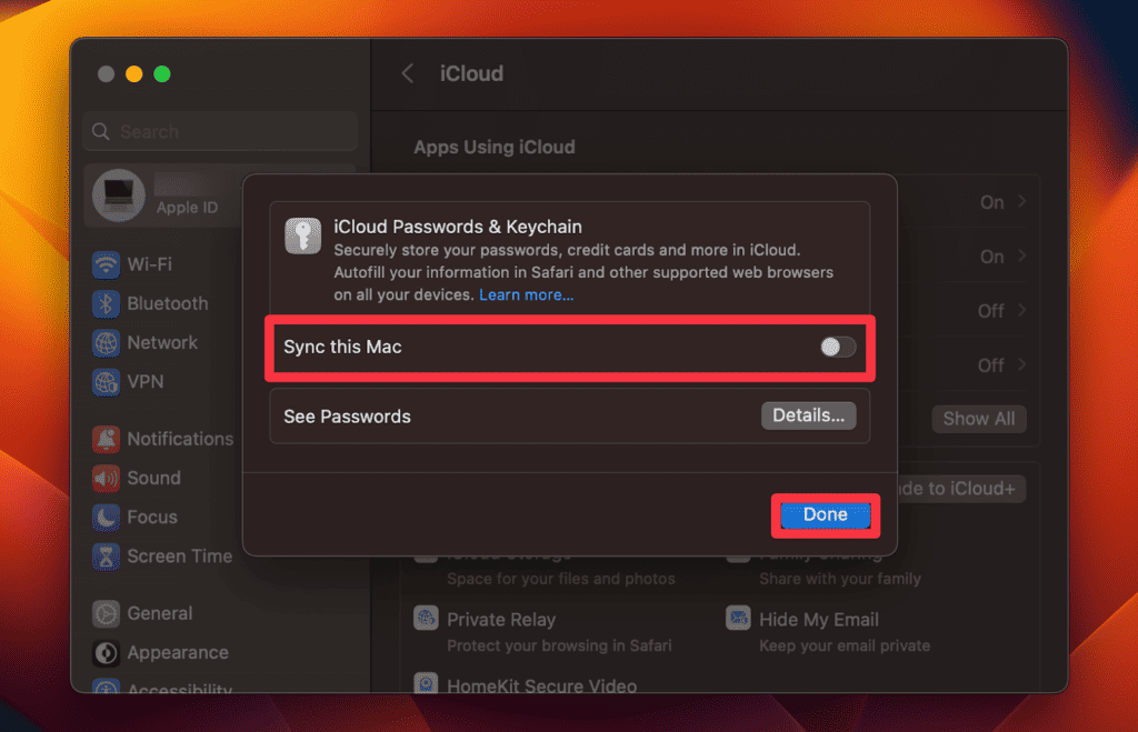 Toggle off Sync this Mac
