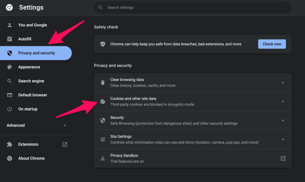 Cookies and other site data.