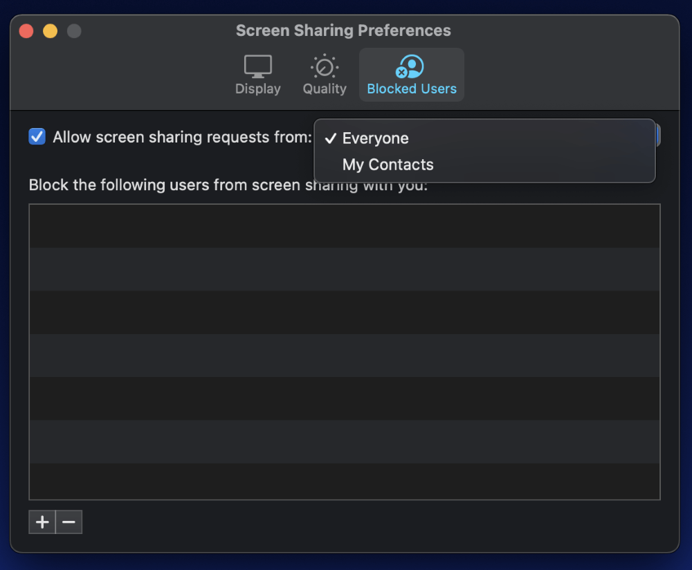 Screen sharing preferences - Blocked Users