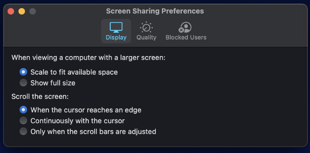 Screen sharing preferences