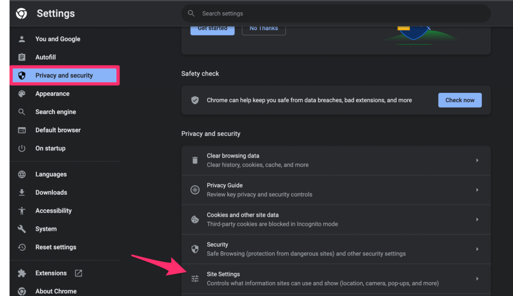 Click on Site Settings