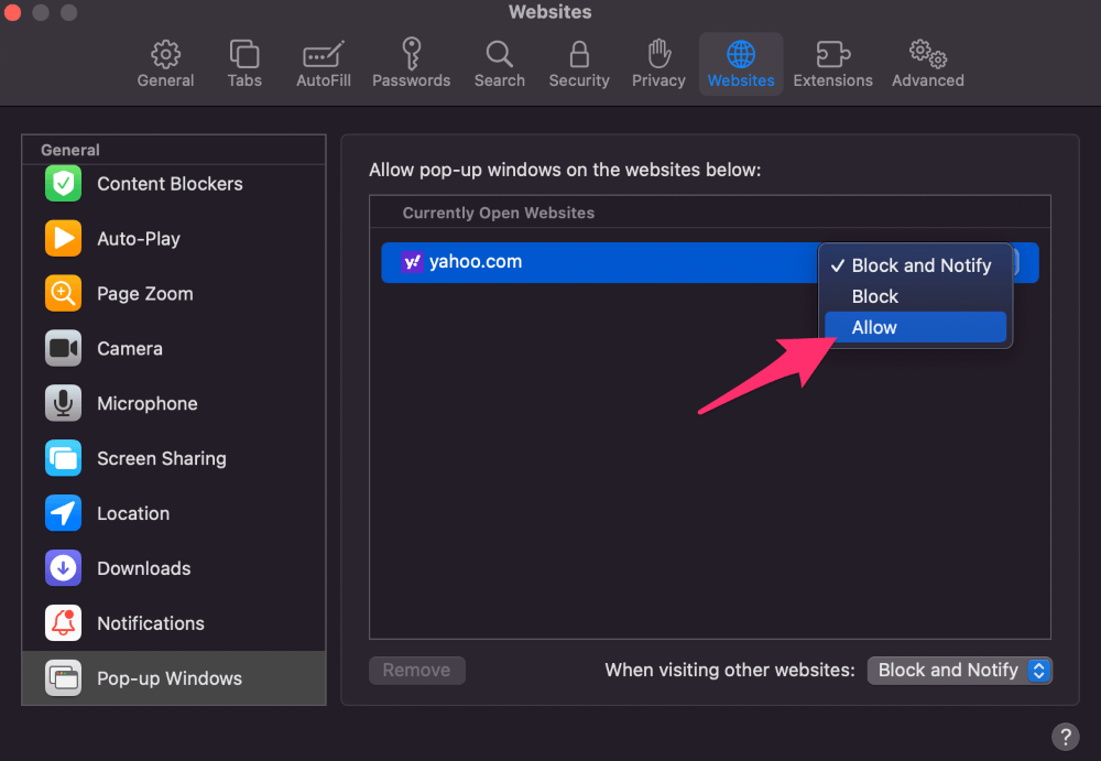  Click on the dropdown next to the specific site