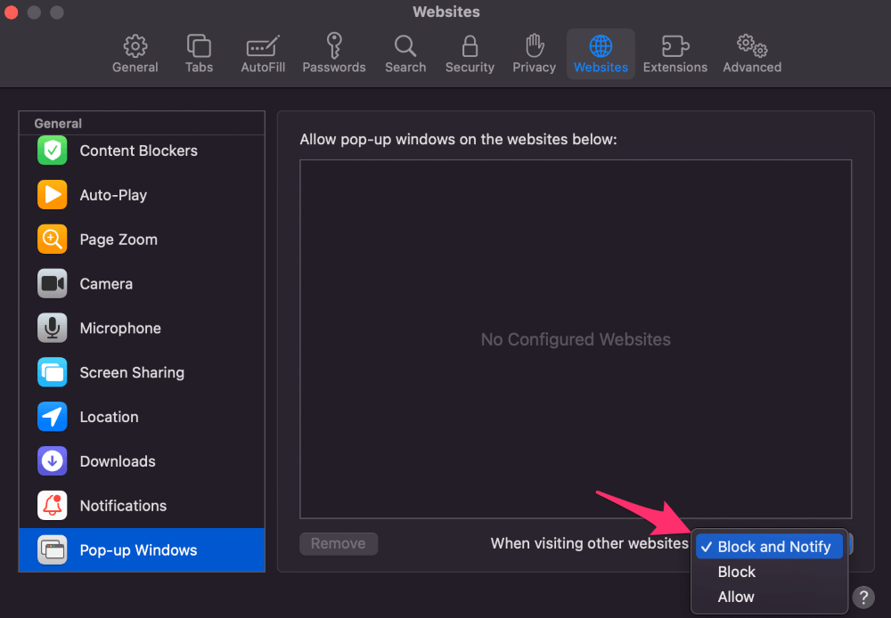 Setting is Block and Notify