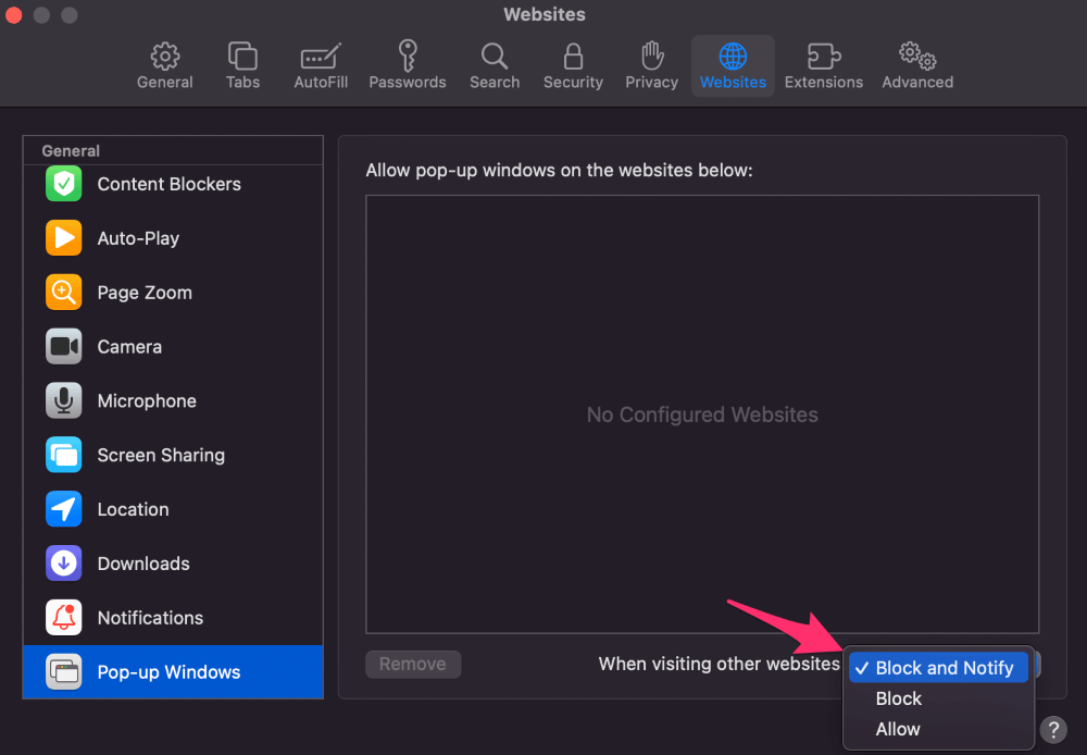 unblocking pop ups in safari