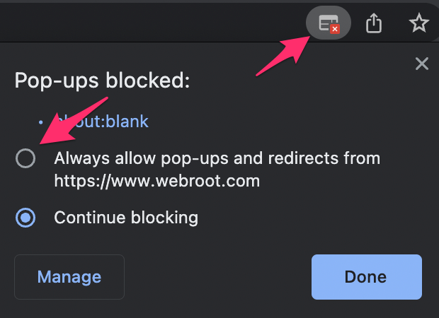 Always allow pop-ups and redirects