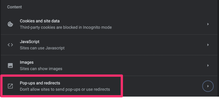 Pop-ups and redirects