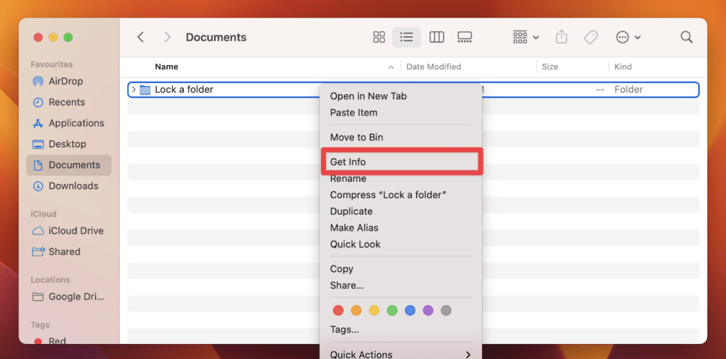 Get info option on the folder Get info option on the folder