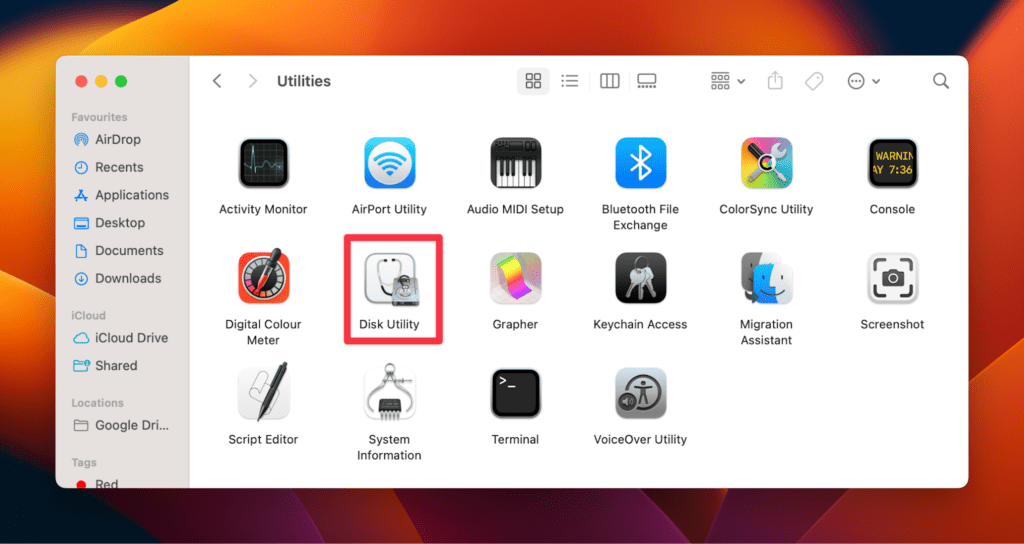 Opening the Disk Utility App Opening the Disk Utility App