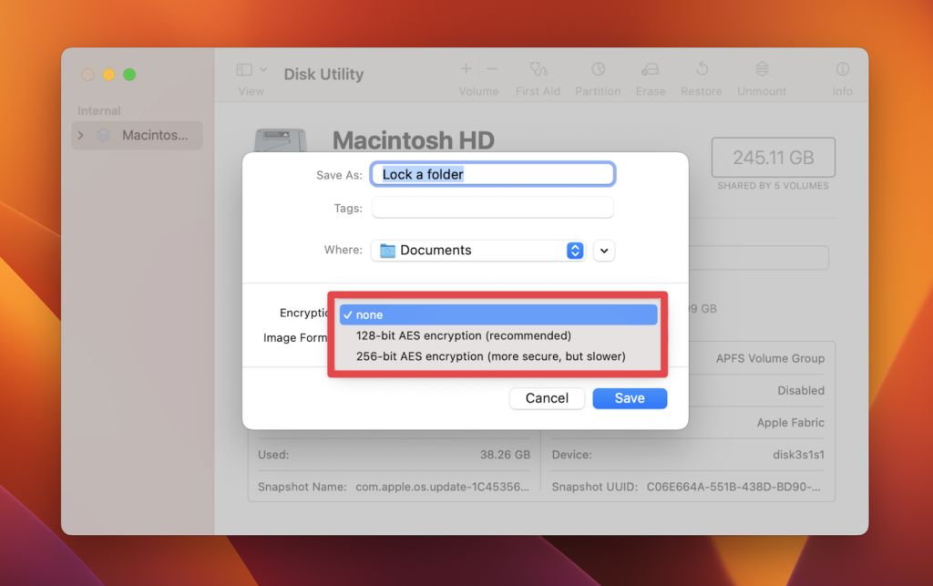 Choosing the Encryption type from Encryption options Choosing the Encryption type from Encryption options