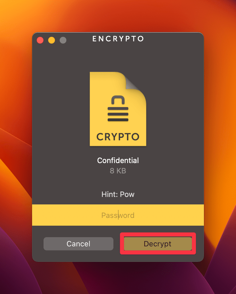Decrypt button to unlock the folder