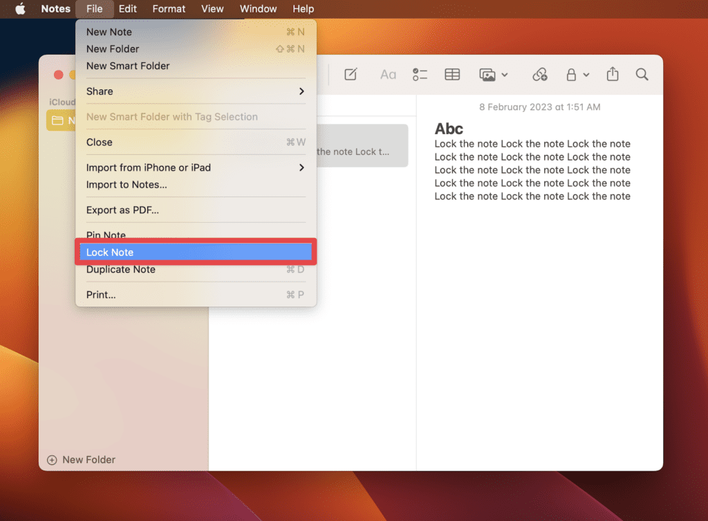 Lock Note Option in the File drop-down menu Lock Note Option in the File drop-down menu