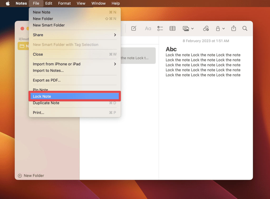 Lock Note Option in the File drop-down menu