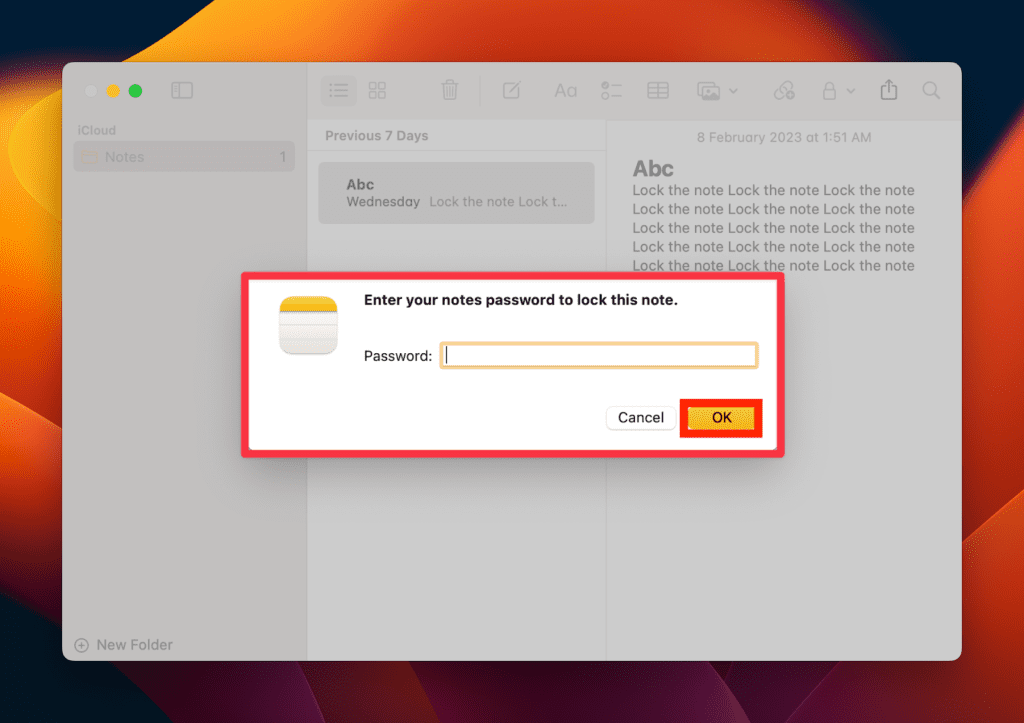 Enter Password to lock the Note file Enter Password to lock the Note file