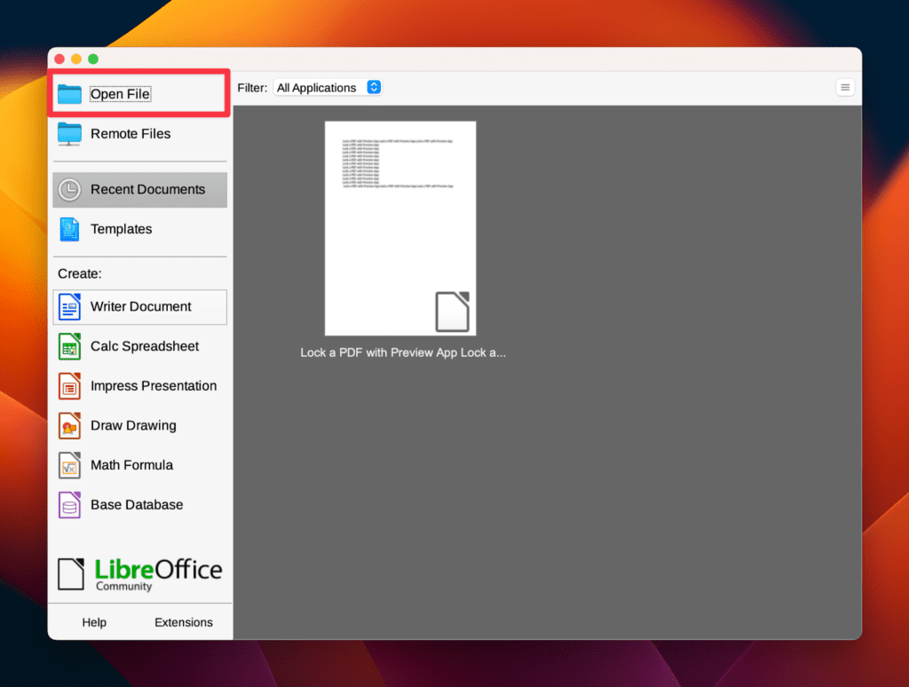 Open File option in LibreOffice