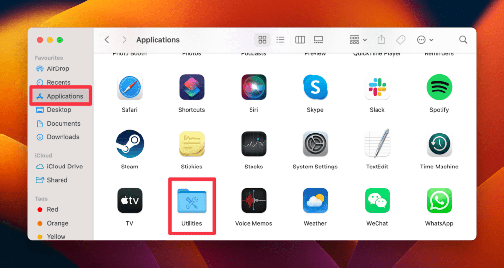 Utilities app in Applications Utilities app in Applications