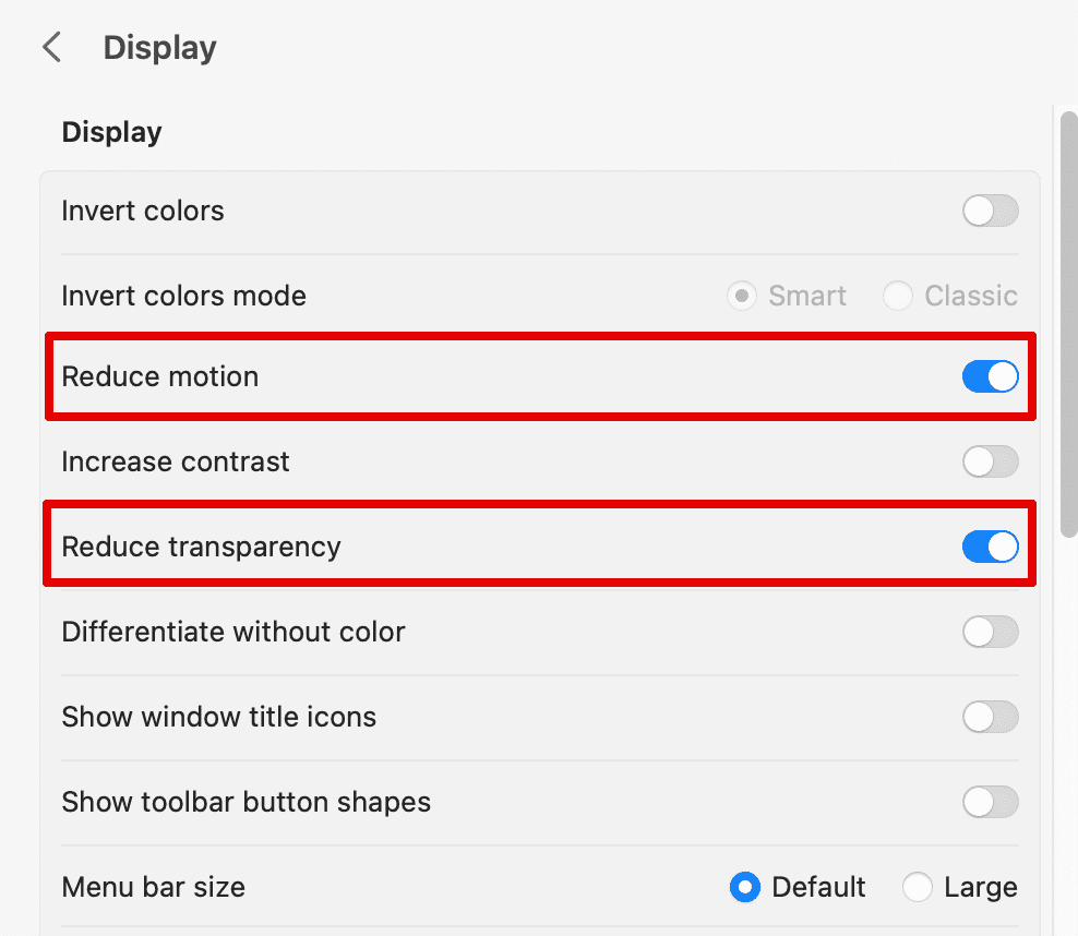 Reduce motion and Reduce Transparency