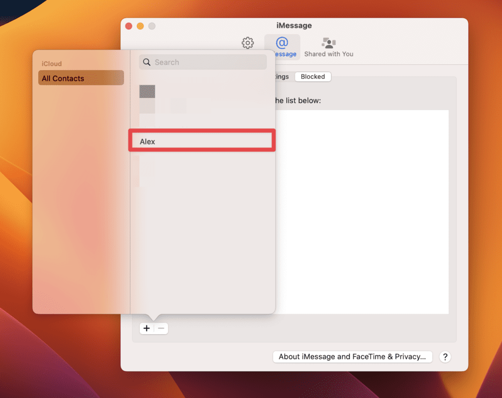 Select the recently created contact to block it on your Mac permanently