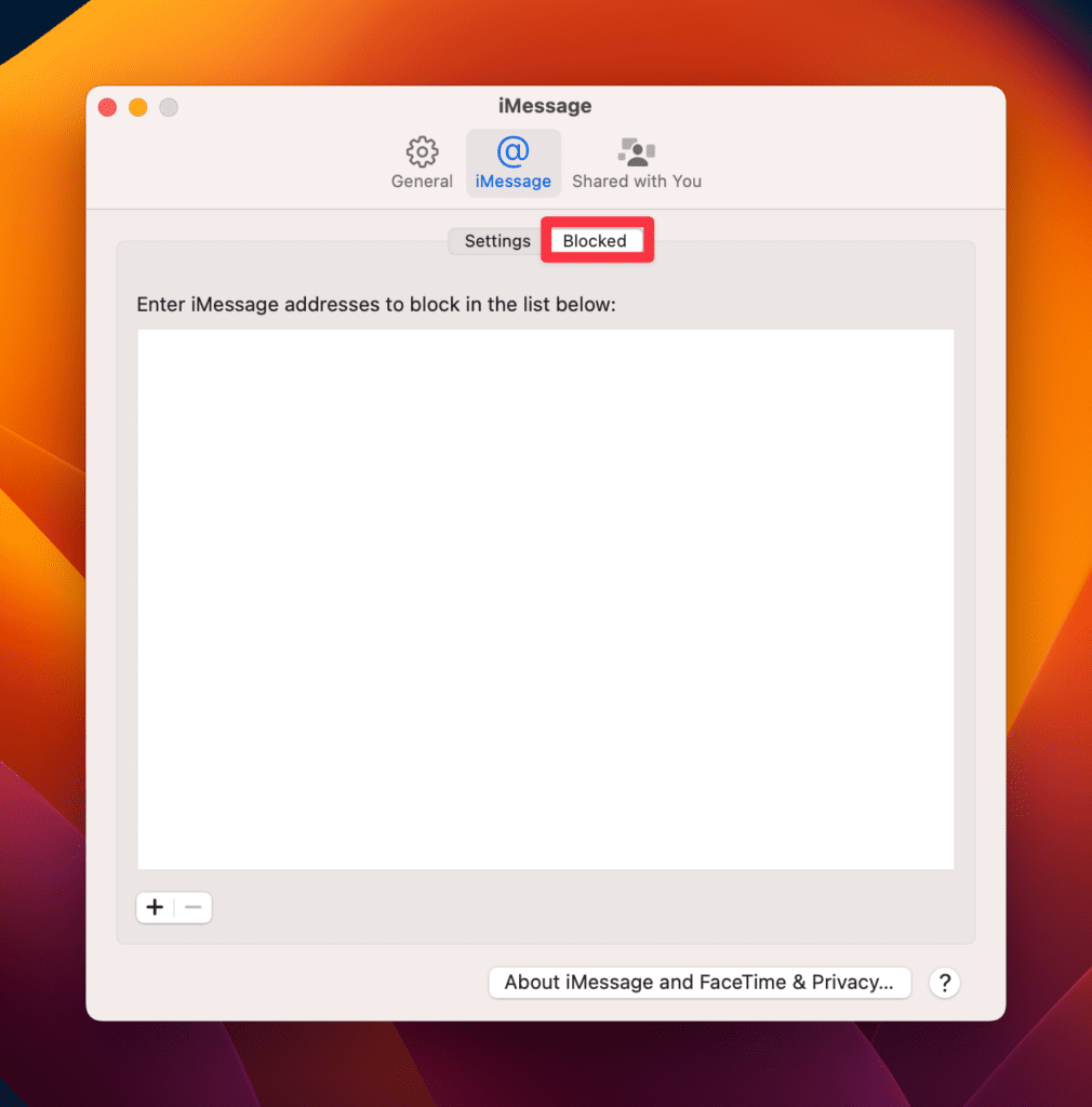 Go to the iMessage > Blocked tab.