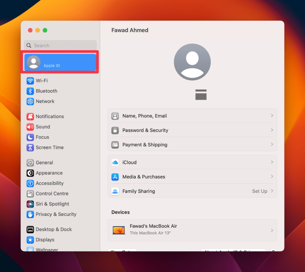Click the Apple ID in the Settings window