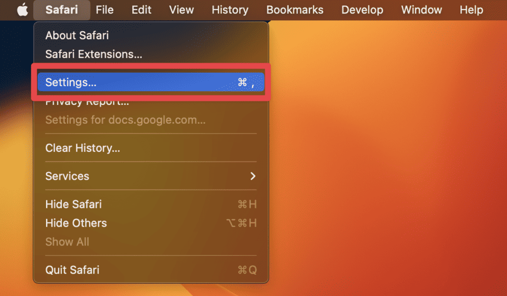 Click Safari in the menu bar and select Settings