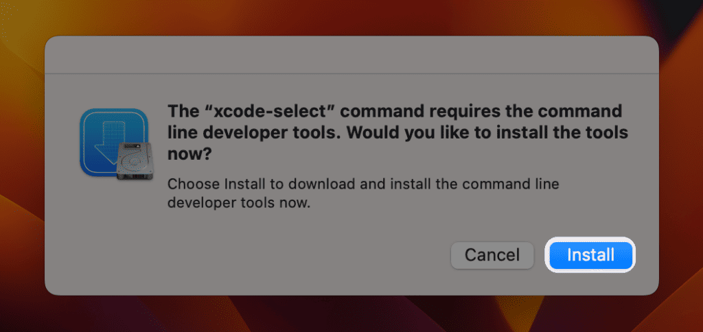 The "xcode-select" command requires the command line developers tools