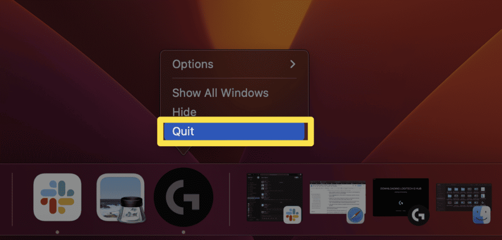 quit the application by right-clicking