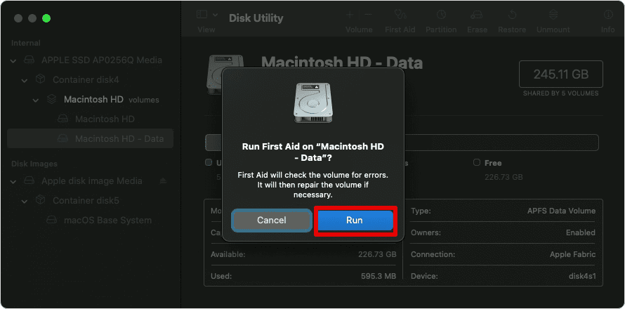 Click on First Aid on the top and choose RUN in the dialog box.
