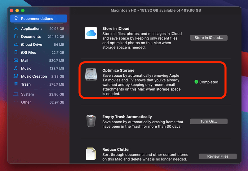macOS Big Sur Optimize Storage feature