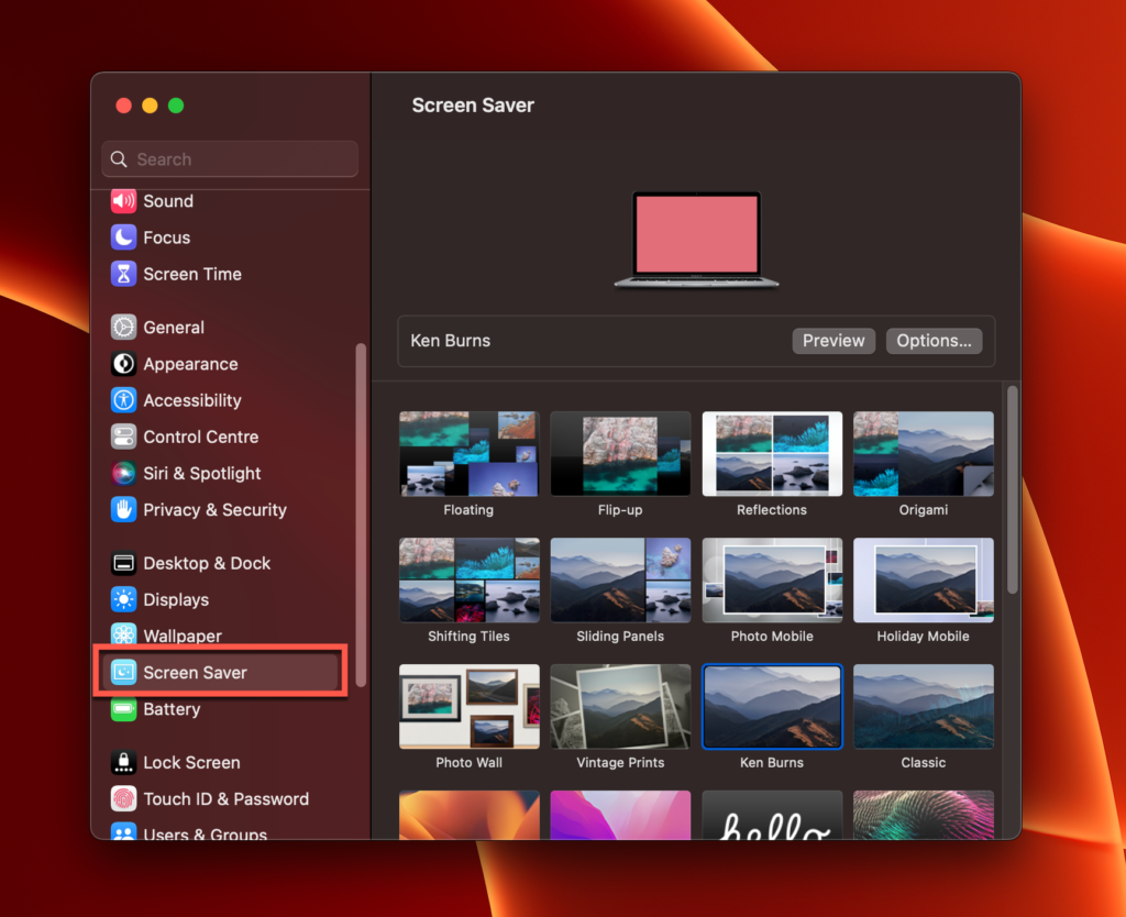 setting screen saver  in mac