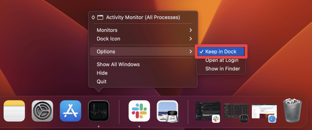 selecting Keep in Dock